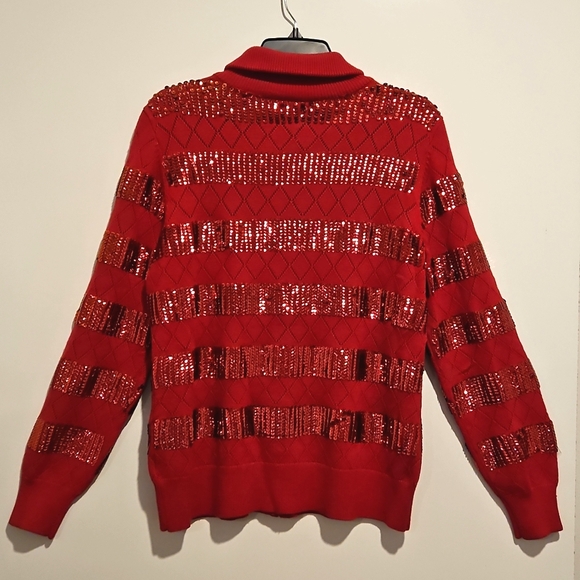 Berek Red Sequin Knit Cardigan Sweater Zip Front Long Sleeves Large - Picture 7 of 8